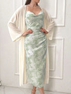 Modely Tie Dye Cowl Neck Cami Dress & Solid Drop Shoulder Coat Sets shein