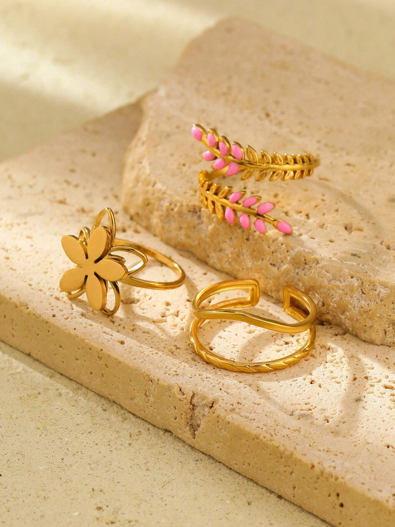 Onelike 3pcs Gold Color yellow stainless steel wheat ears leaves/Flower, Simple ladies ring set shein