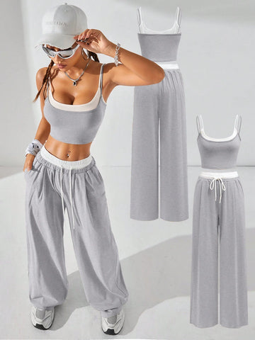 Coolane Women's Summer Casual Sport Knit Two Fake Pieces Tank Tops & Sweatpants