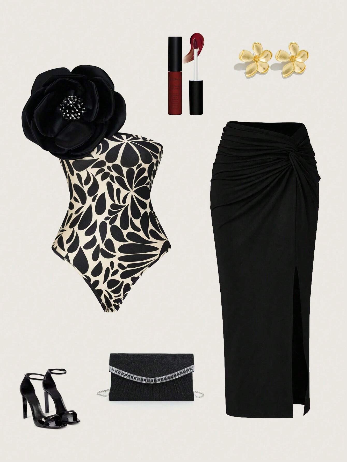Priv� Stereo Flower Decorated Bodysuit & Twist Front Split Thigh Skirt shein