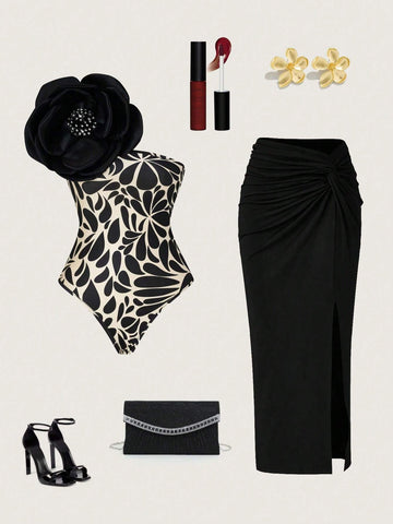 Priv� Stereo Flower Decorated Bodysuit & Twist Front Split Thigh Skirt
