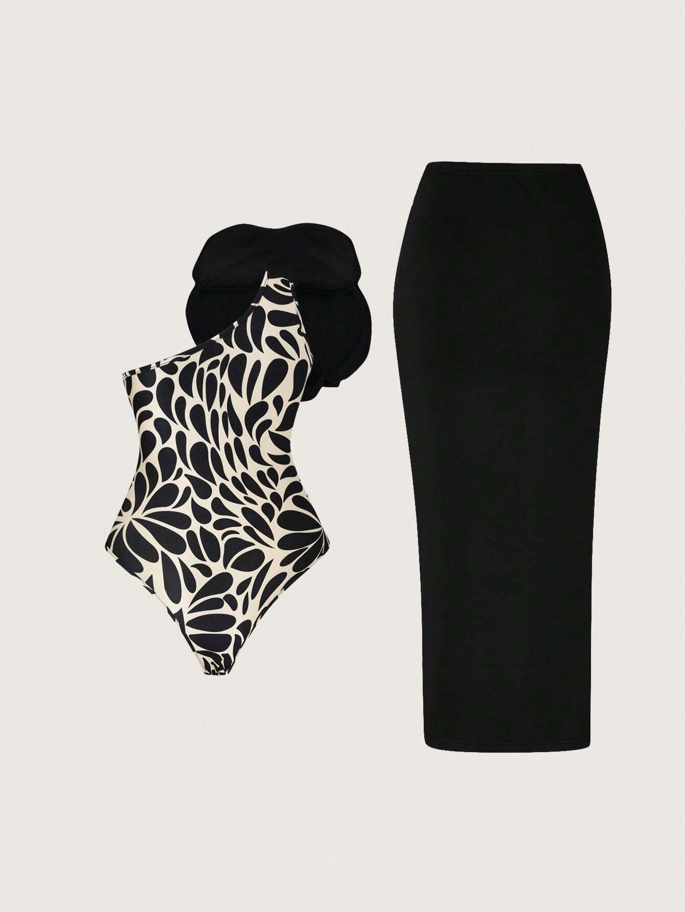 Priv� Stereo Flower Decorated Bodysuit & Twist Front Split Thigh Skirt