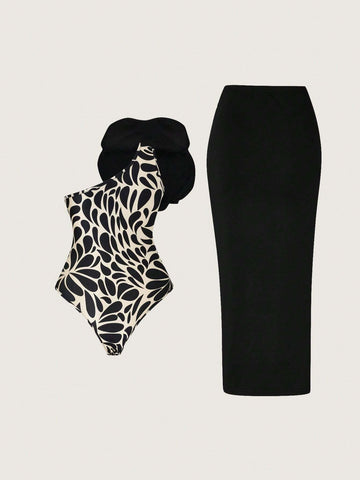 Priv� Stereo Flower Decorated Bodysuit & Twist Front Split Thigh Skirt