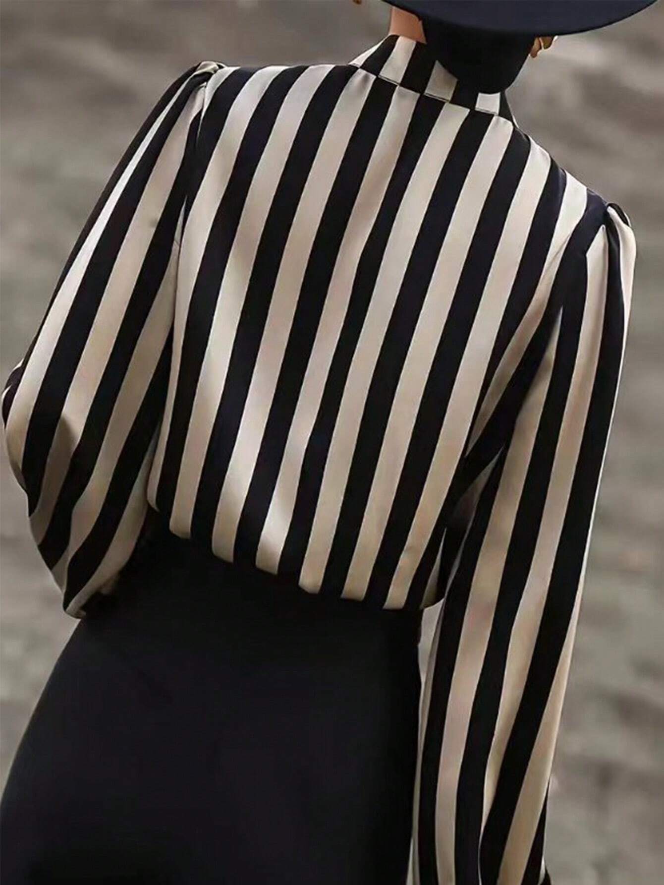 Striped Print Mock Neck Blouse shein