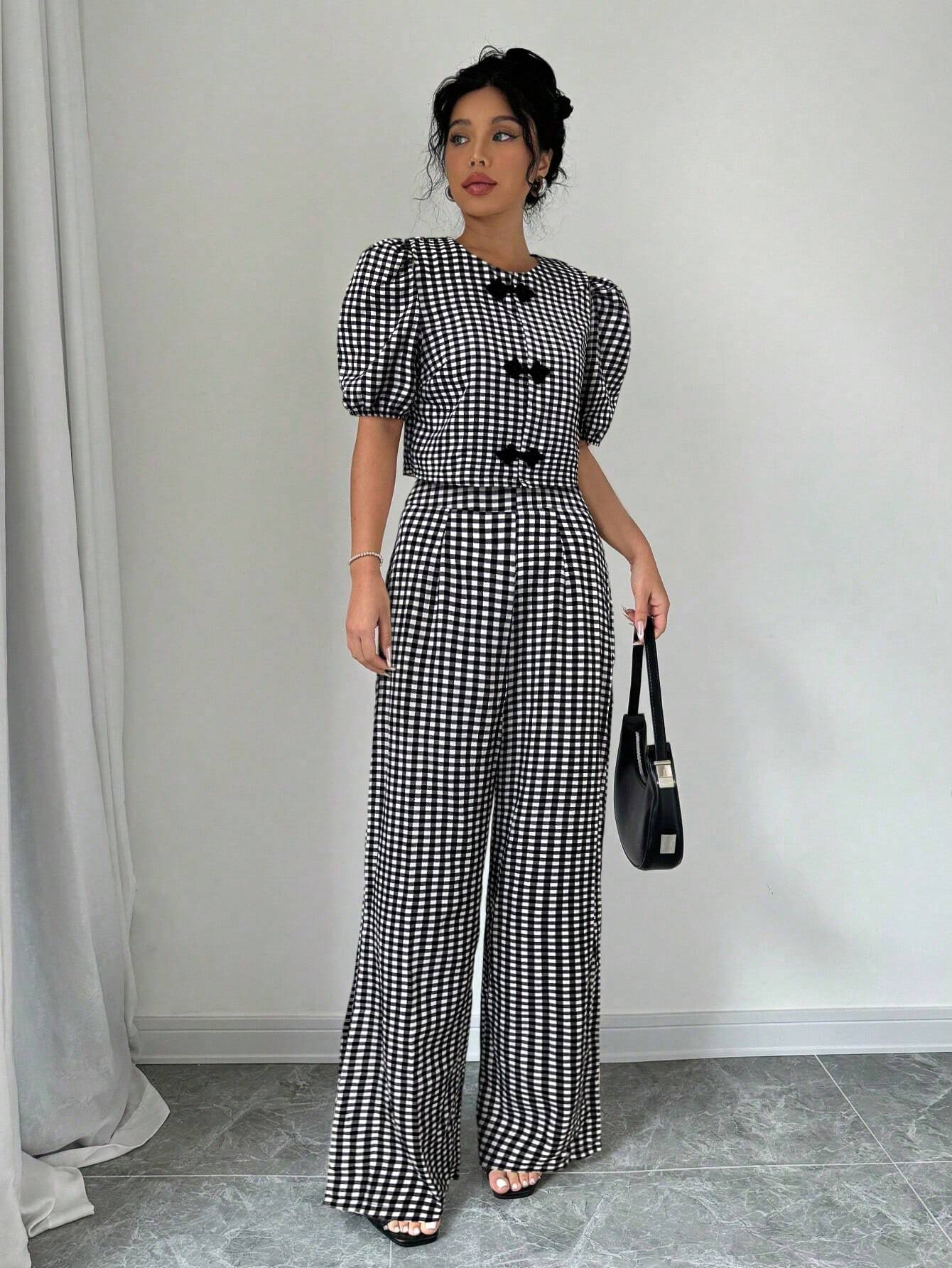 Privé Chinese Style Plaid Short Sleeve Top And Long Pants Set shein