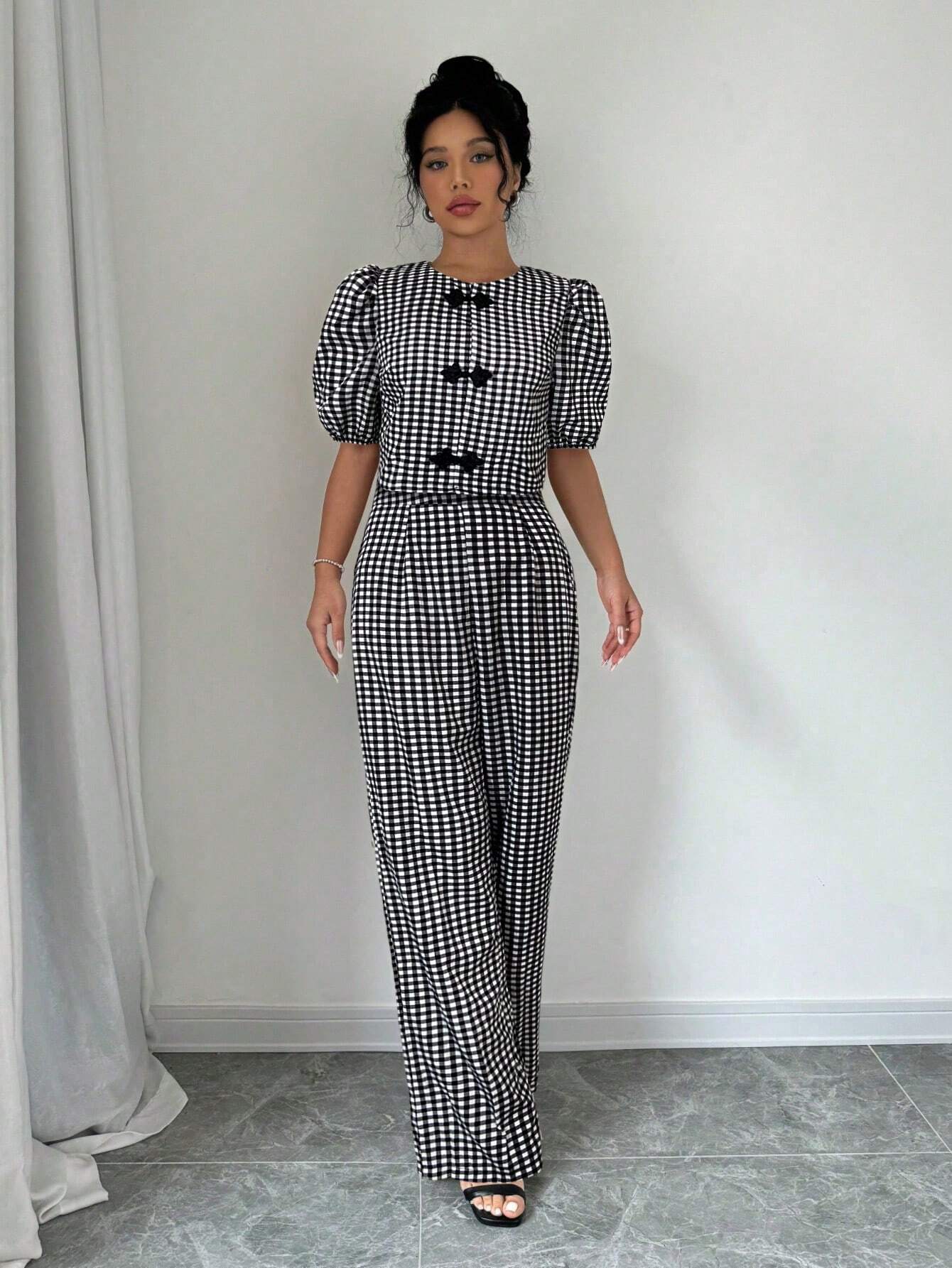 Privé Chinese Style Plaid Short Sleeve Top And Long Pants Set shein