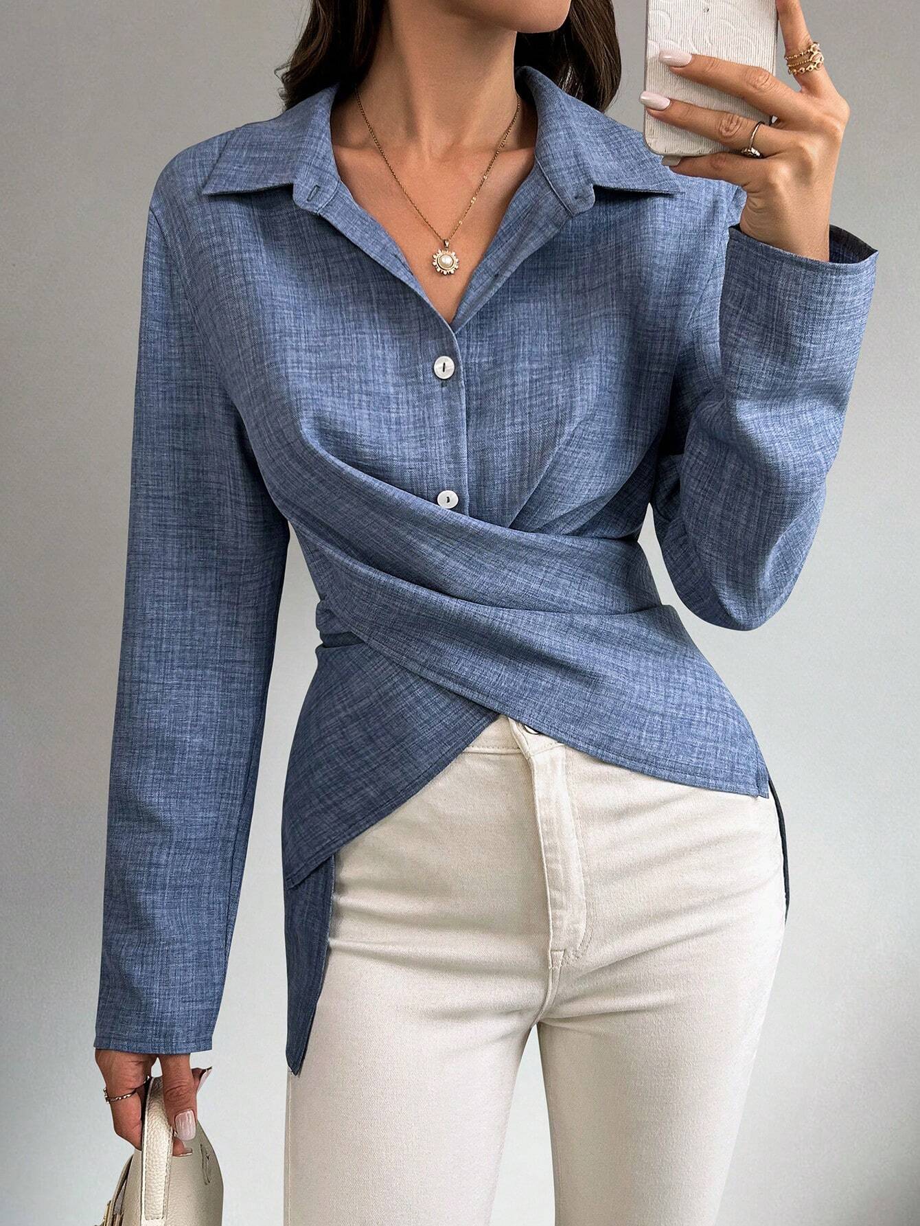 Privé Solid Criss Cross Wrap Shirt shein