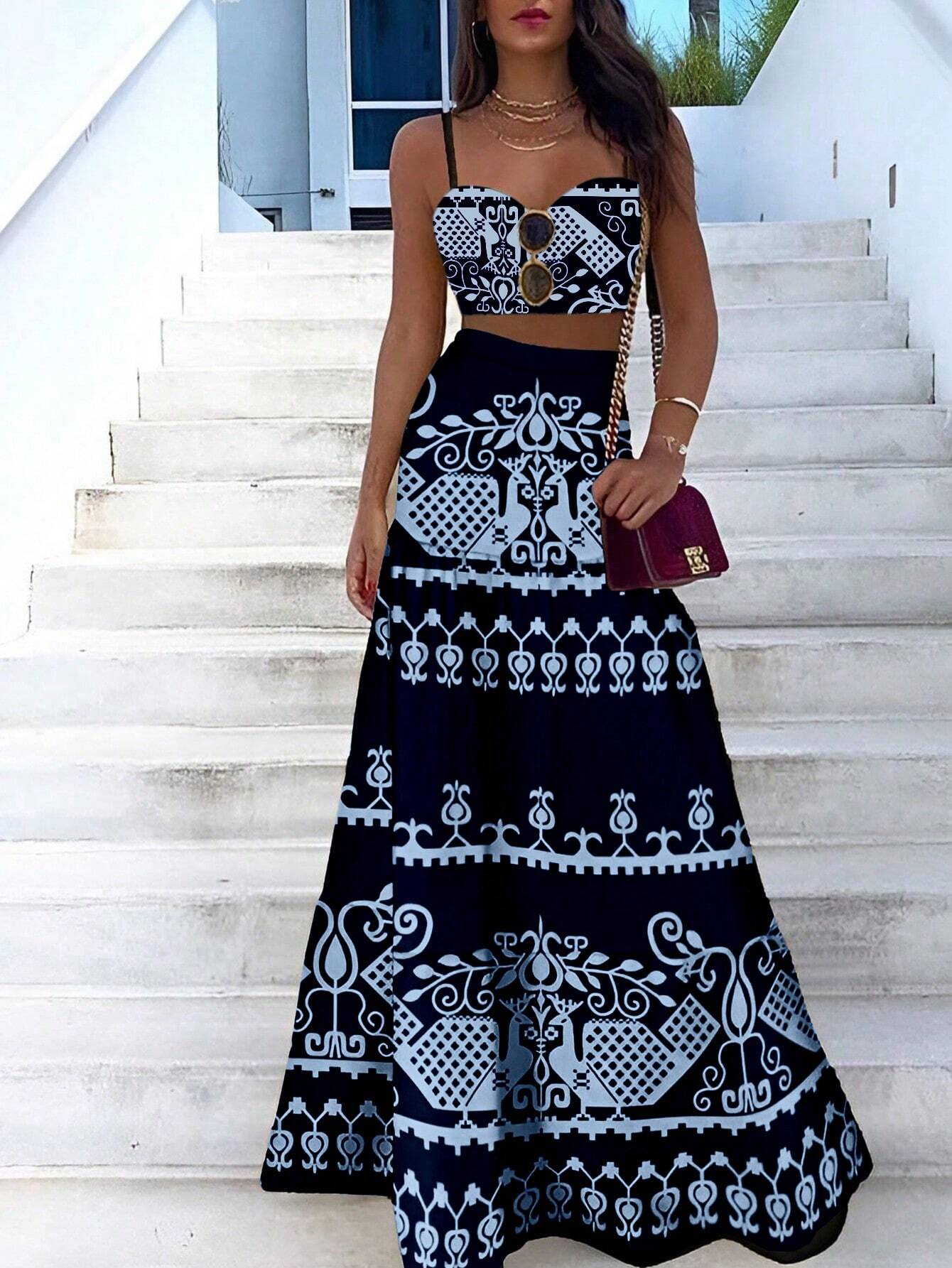 VCAY Vintage Printed Spaghetti Strap Dress Two Pieces Set For Summer Vacation shein