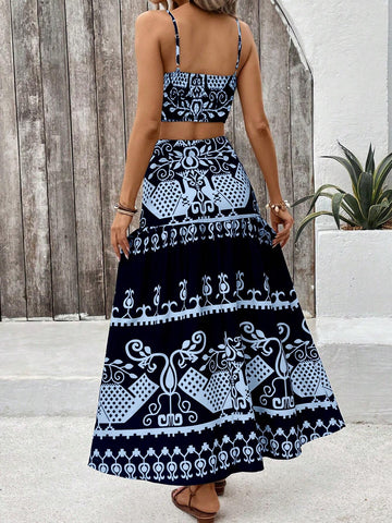 VCAY Vintage Printed Spaghetti Strap Dress Two Pieces Set For Summer Vacation