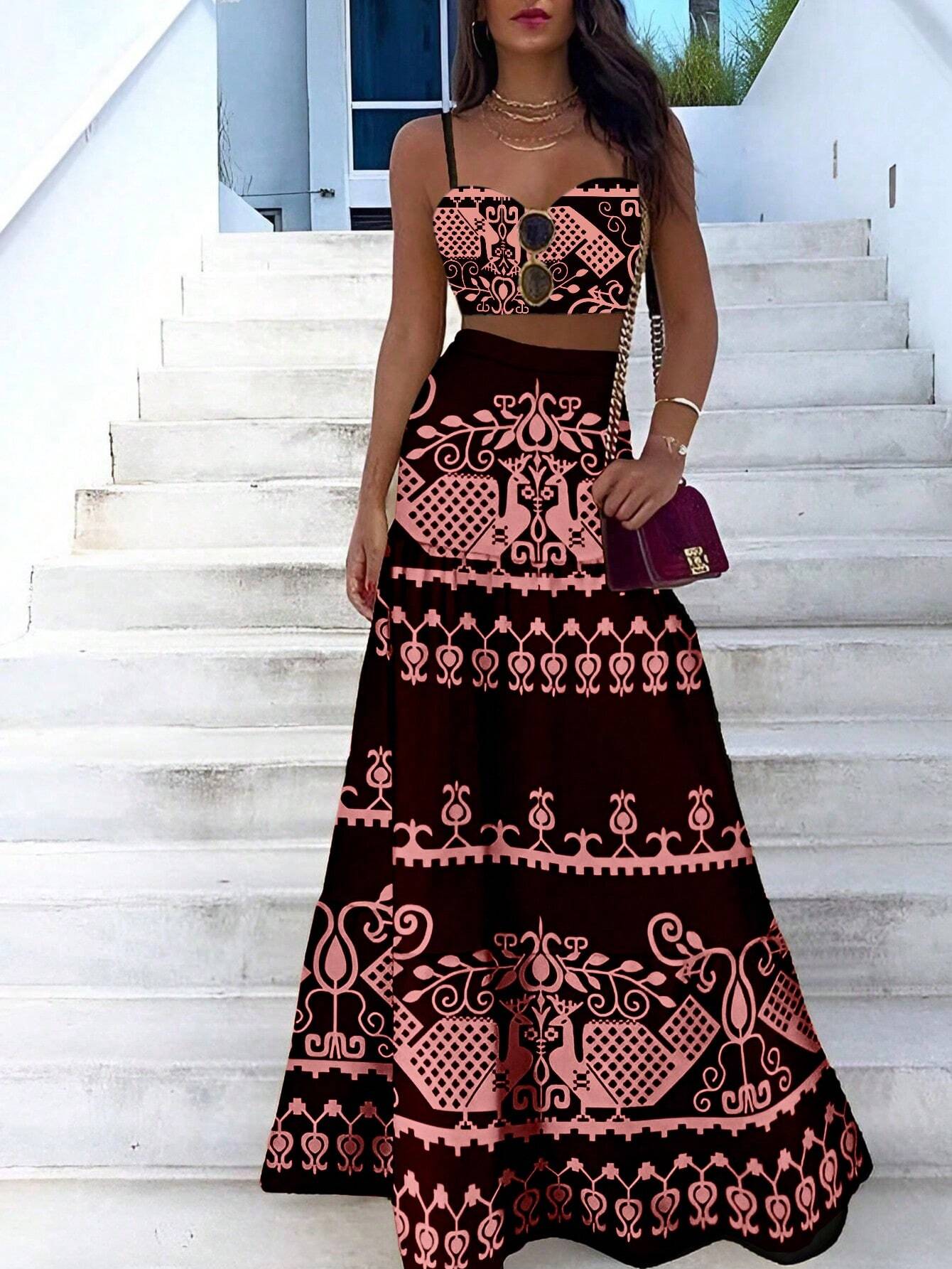 VCAY Vintage Printed Spaghetti Strap Dress Two Pieces Set For Summer Vacation shein