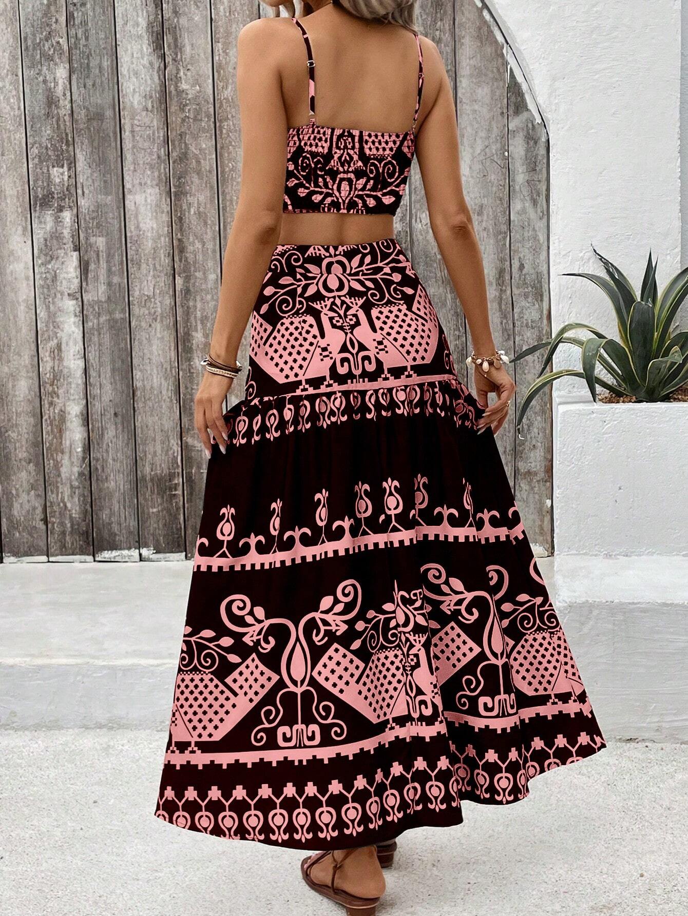 VCAY Vintage Printed Spaghetti Strap Dress Two Pieces Set For Summer Vacation