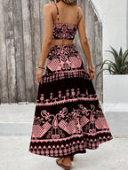 VCAY Vintage Printed Spaghetti Strap Dress Two Pieces Set For Summer Vacation shein
