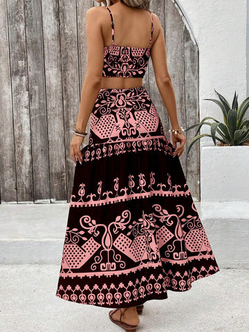 VCAY Vintage Printed Spaghetti Strap Dress Two Pieces Set For Summer Vacation