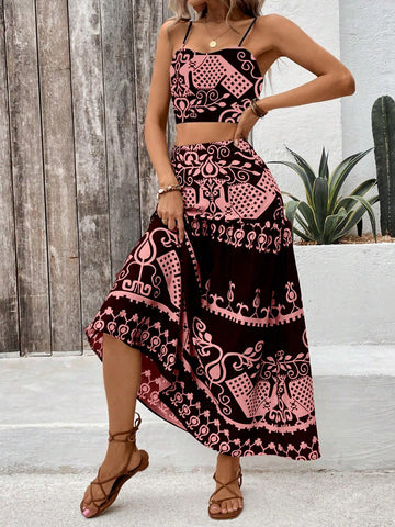 VCAY Vintage Printed Spaghetti Strap Dress Two Pieces Set For Summer Vacation