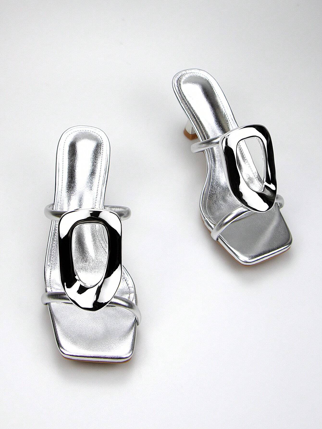 Women's Elegant & Fashionable Silver Metallic Buckle Decorated High Heel Mules shein