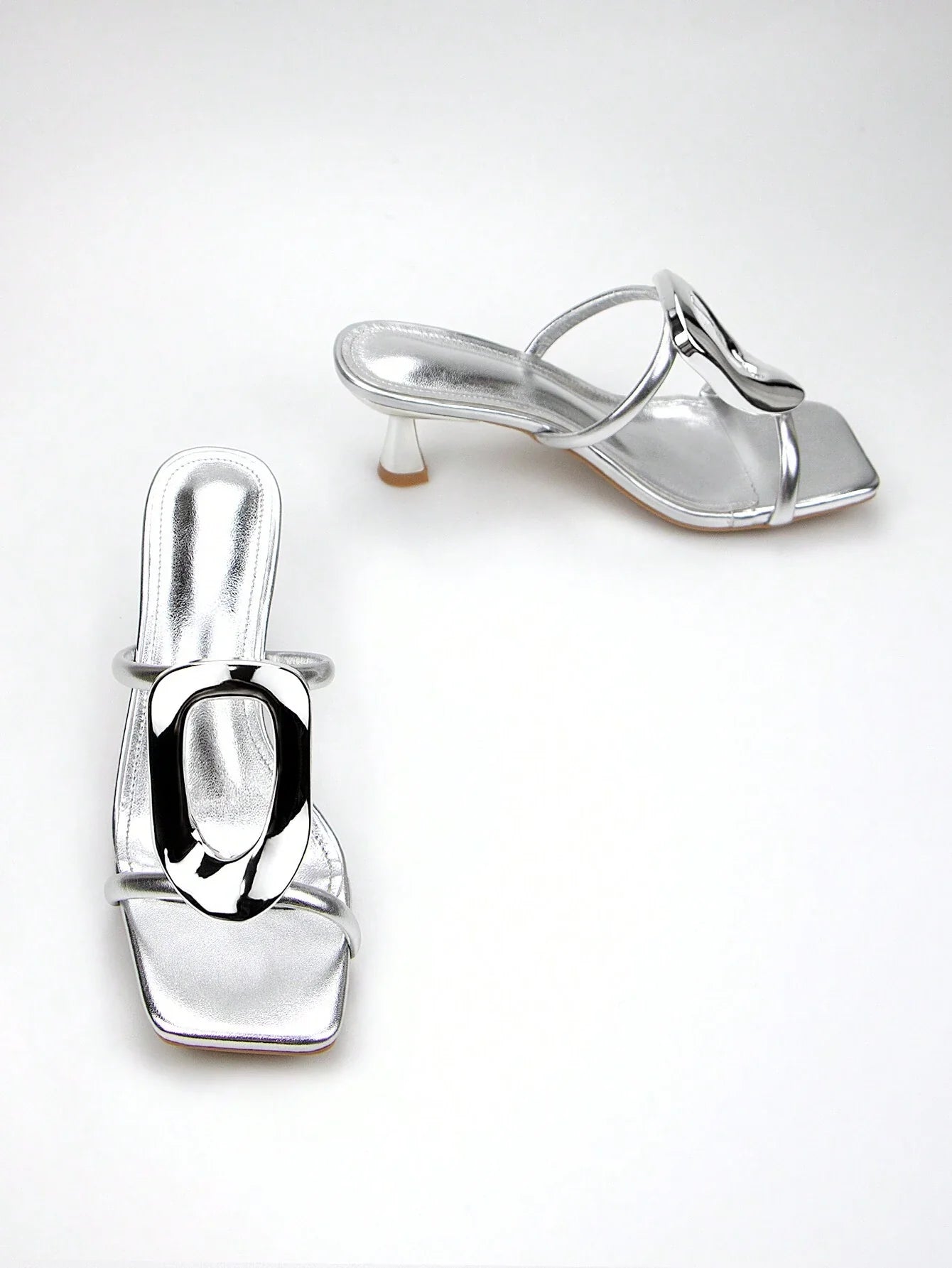 Women's Elegant & Fashionable Silver Metallic Buckle Decorated High Heel Mules shein