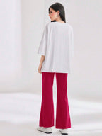 Mulvari Women Spring/Summer Casual Loose Fit Drop Shoulder Short Sleeve Top And Flared Pants Set shein
