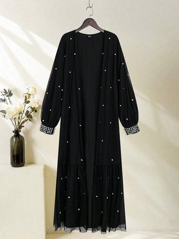 Najma Ladies' Beaded Decorated Lantern Sleeve Mesh Jacket,  Modest Long Sleeve Abaya