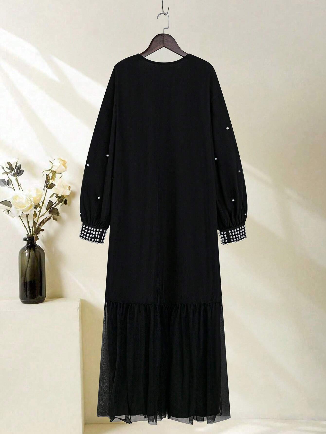 Najma Ladies' Beaded Decorated Lantern Sleeve Mesh Jacket,  Modest Long Sleeve Abaya