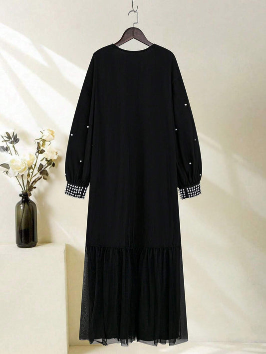 Najma Ladies' Beaded Decorated Lantern Sleeve Mesh Jacket,  Modest Long Sleeve Abaya