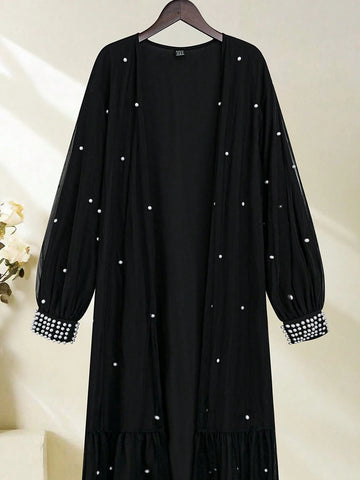 Najma Ladies' Beaded Decorated Lantern Sleeve Mesh Jacket,  Modest Long Sleeve Abaya