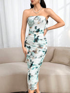 Modely Allover Print Tube Bodycon Dress & Open Front Coat shein