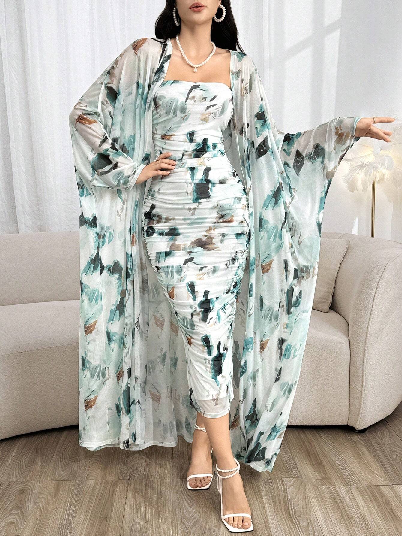 Modely Allover Print Tube Bodycon Dress & Open Front Coat shein