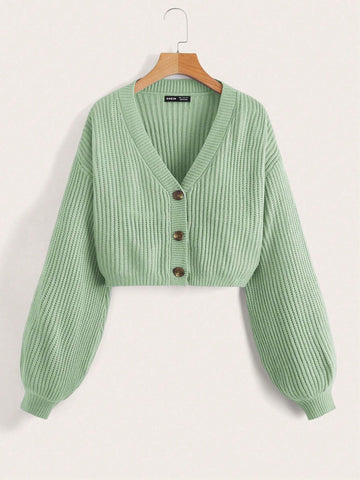 EZwear Lantern Sleeve Button Front Rib Knit Cardigan