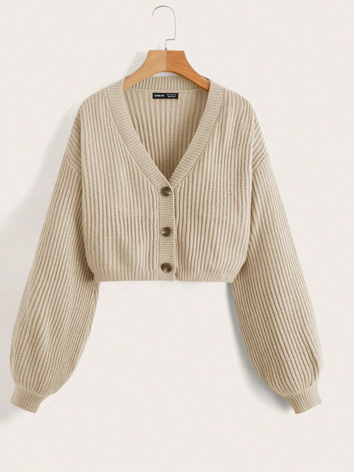 EZwear Lantern Sleeve Button Front Rib Knit Cardigan shein