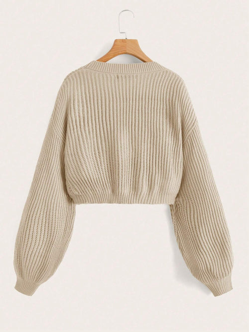 EZwear Lantern Sleeve Button Front Rib Knit Cardigan shein
