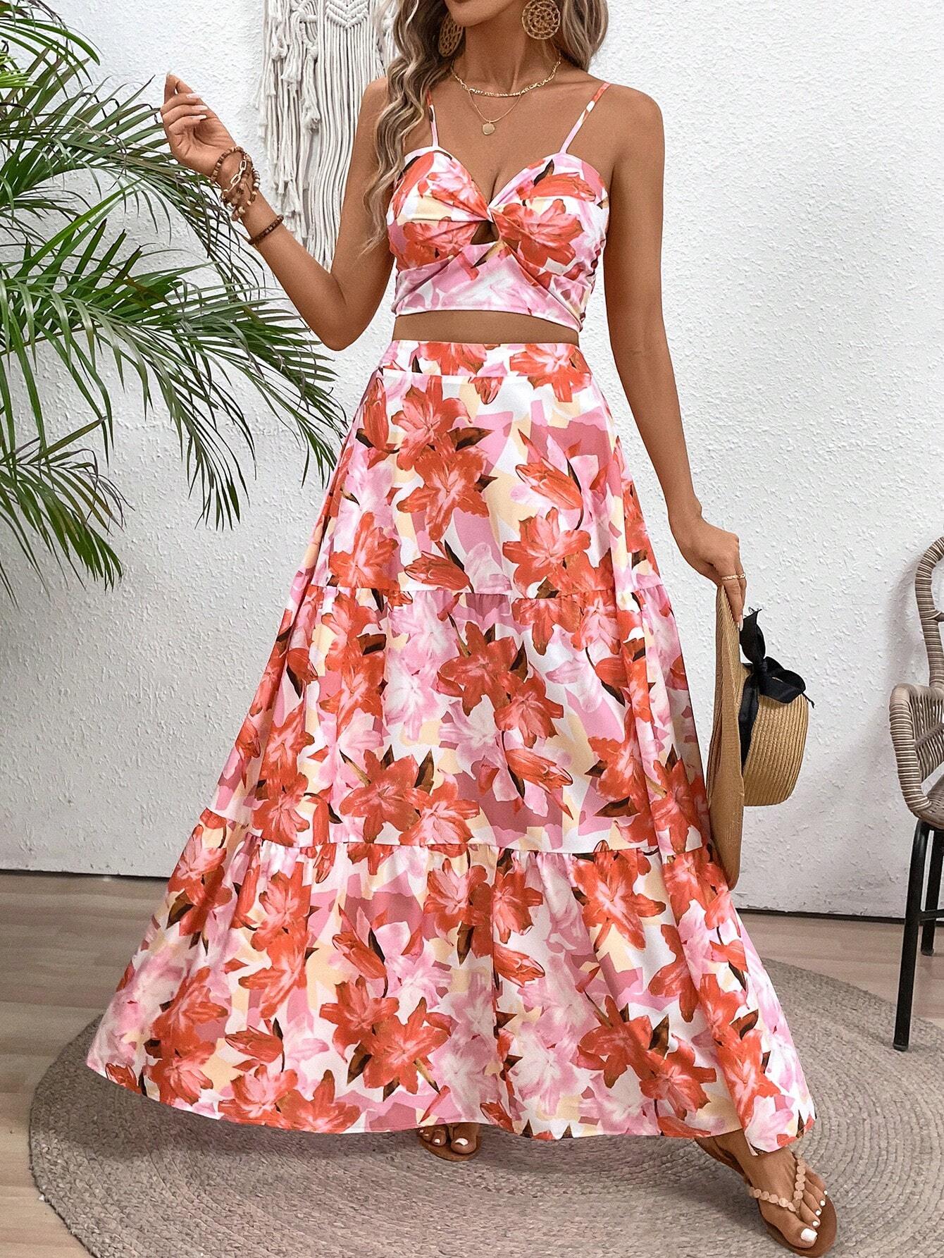VCAY Floral Printed Spaghetti Strap Twist Front Sleeveless Top And Ruffled Hem Skirt shein