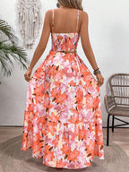 VCAY Floral Printed Spaghetti Strap Twist Front Sleeveless Top And Ruffled Hem Skirt shein
