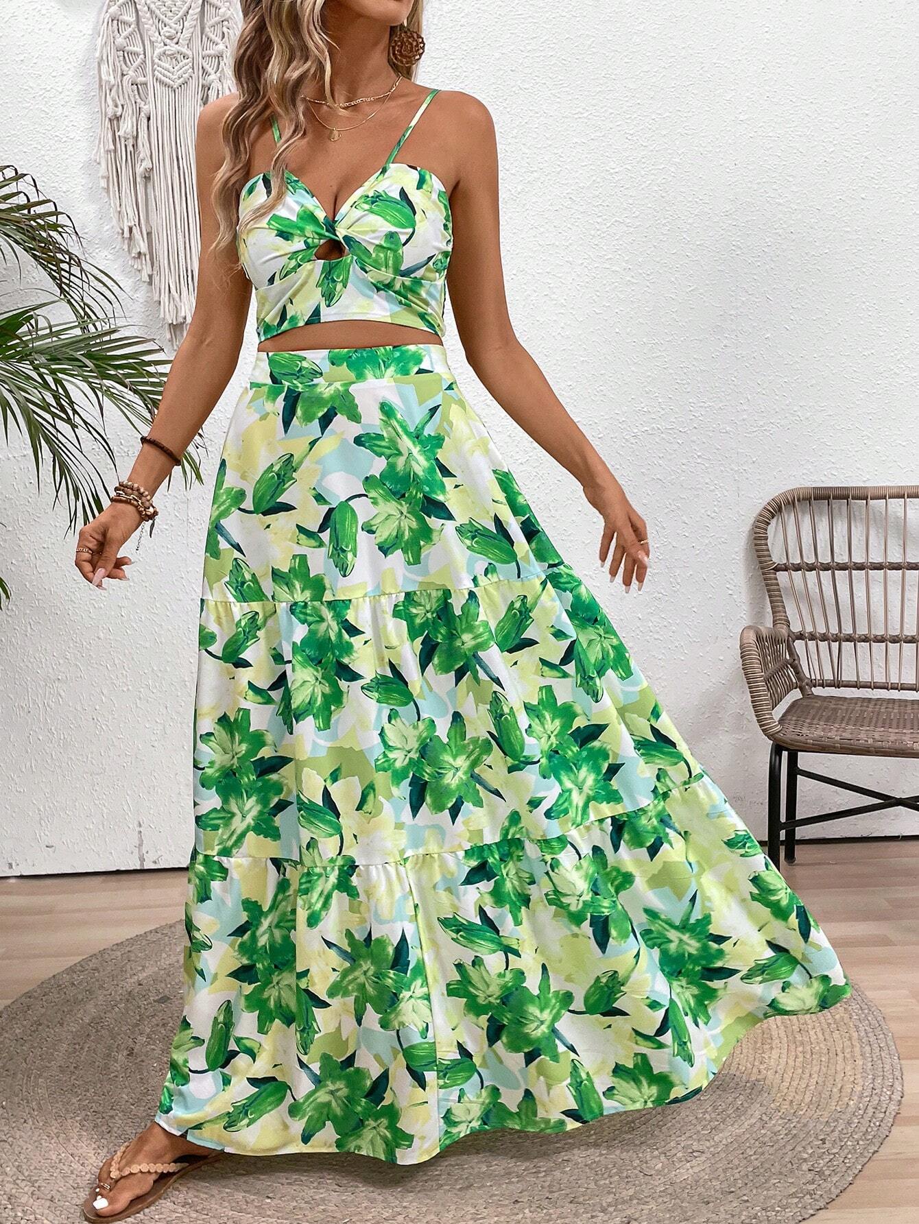 VCAY Floral Printed Spaghetti Strap Twist Front Sleeveless Top And Ruffled Hem Skirt shein