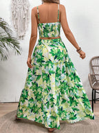 VCAY Floral Printed Spaghetti Strap Twist Front Sleeveless Top And Ruffled Hem Skirt shein