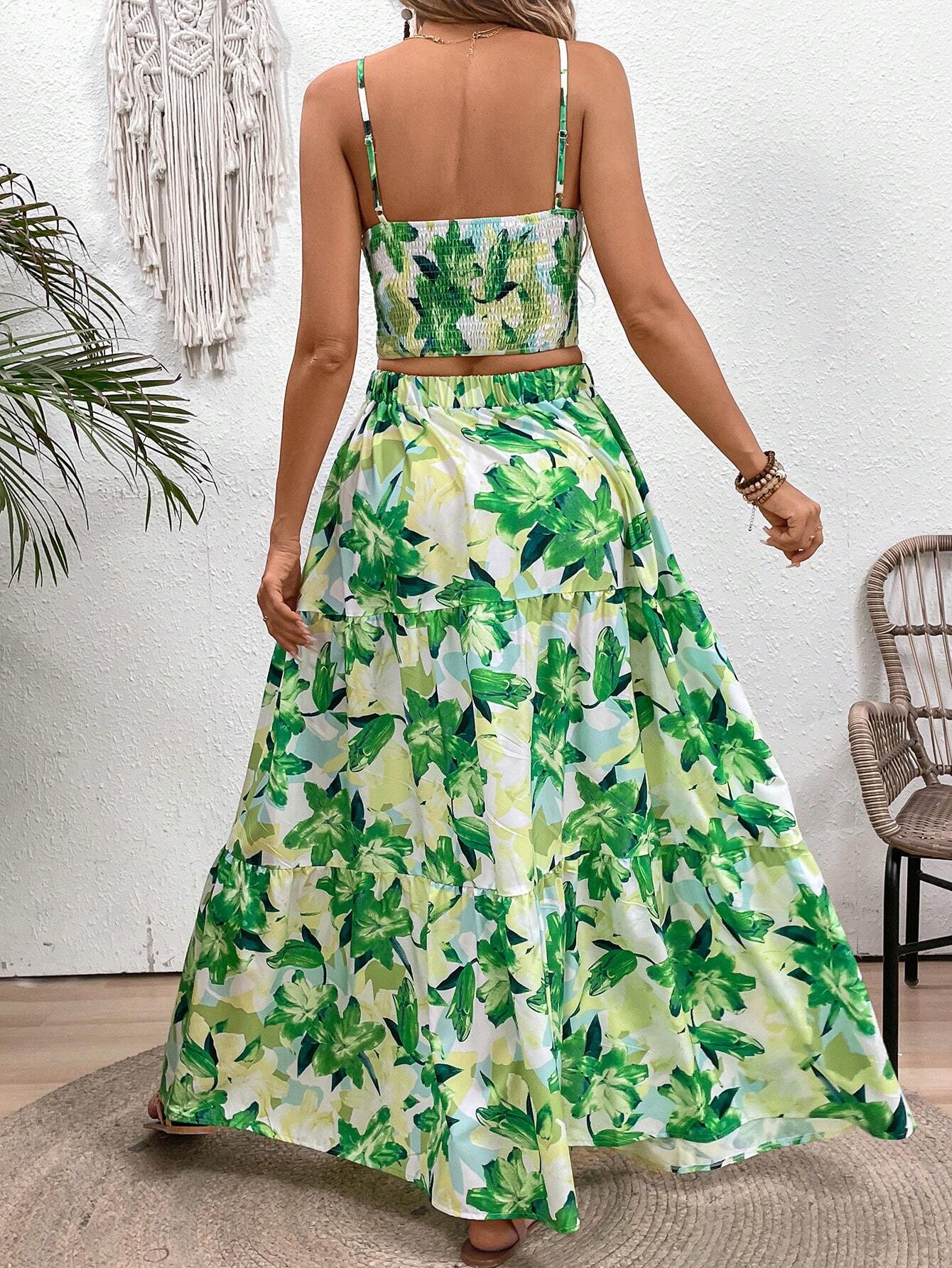 VCAY Floral Printed Spaghetti Strap Twist Front Sleeveless Top And Ruffled Hem Skirt shein