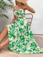 VCAY Floral Printed Spaghetti Strap Twist Front Sleeveless Top And Ruffled Hem Skirt shein
