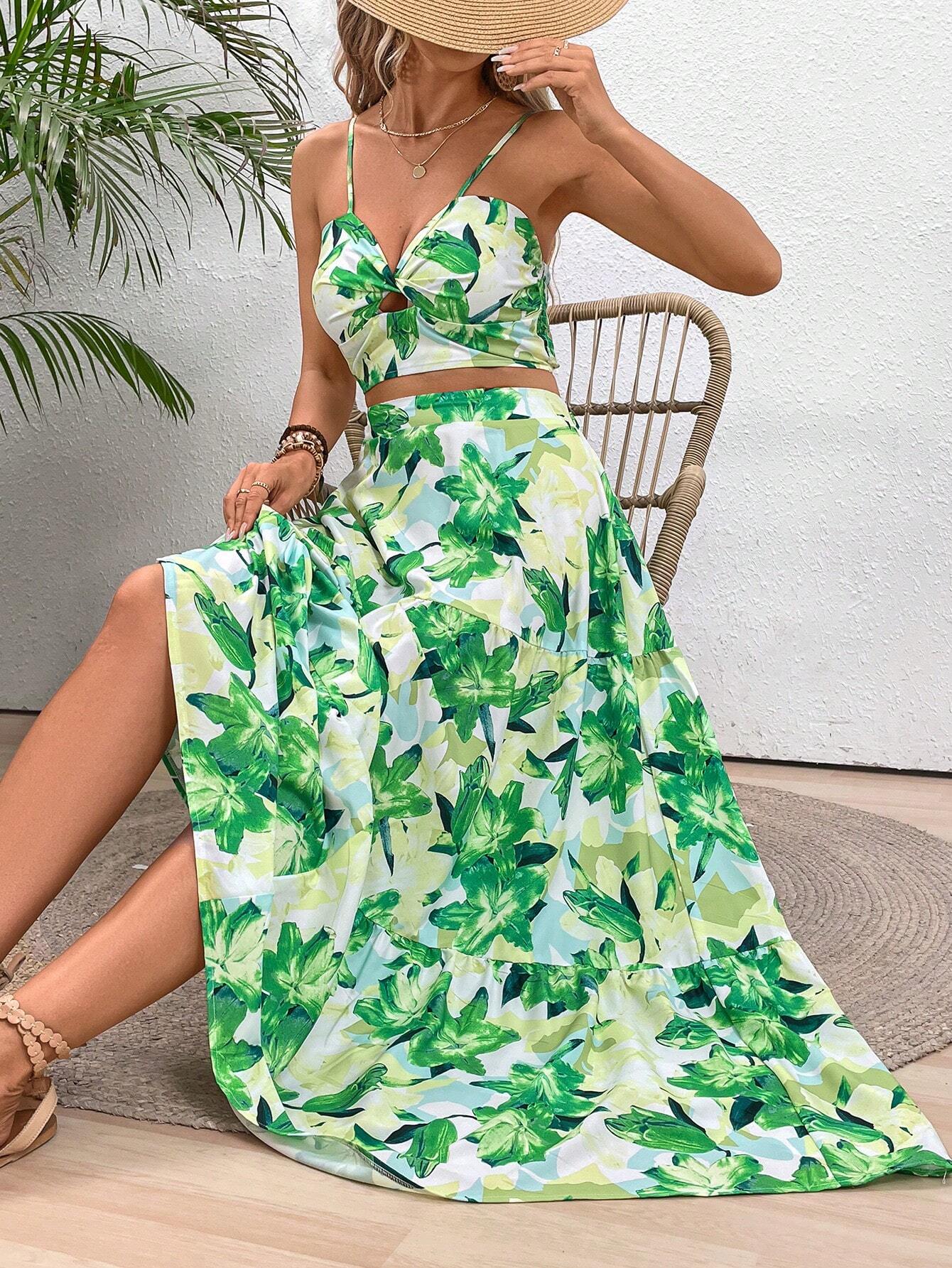 VCAY Floral Printed Spaghetti Strap Twist Front Sleeveless Top And Ruffled Hem Skirt shein