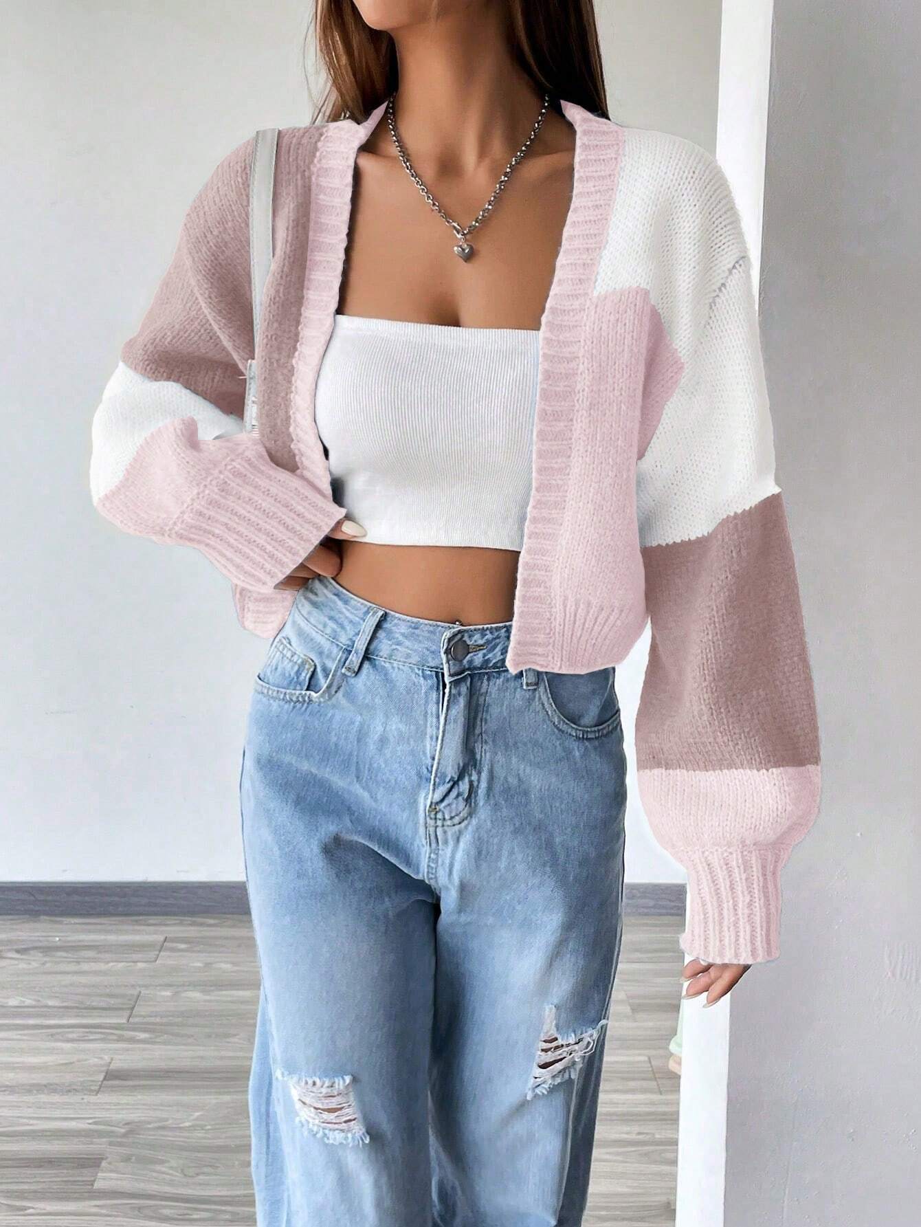 MOOSTA Loose-Fit Color-Block Slouchy Cardigan With Long Sleeves shein