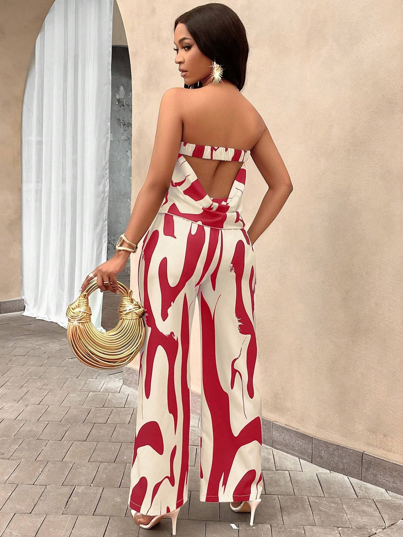 Slayr Geo Print Draped Back Tube Top & Wide Leg Pants Set shein
