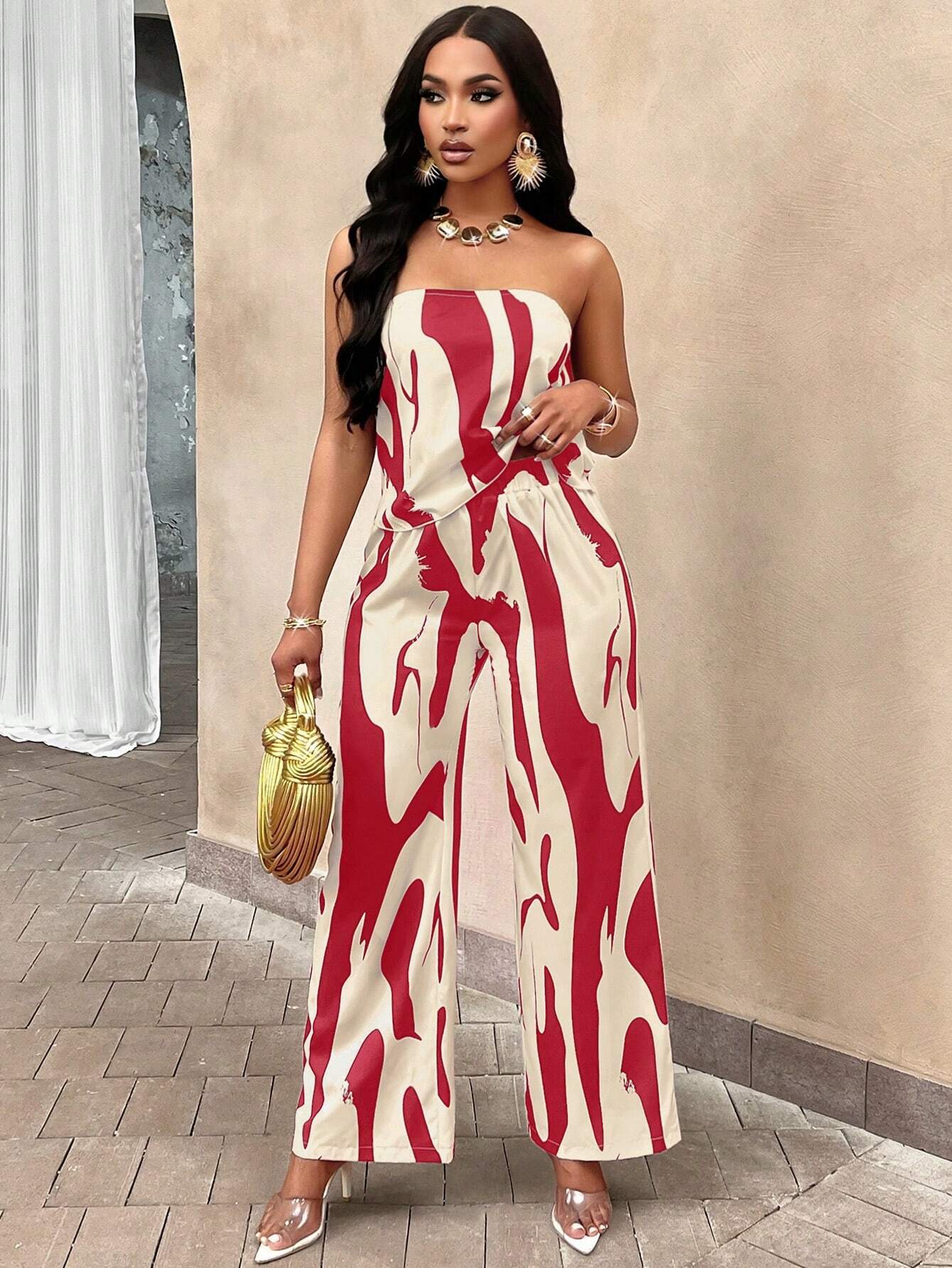 Slayr Geo Print Draped Back Tube Top & Wide Leg Pants Set shein