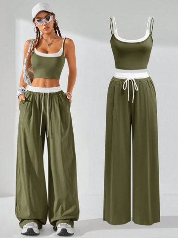 Coolane Women's Summer Casual Sport Knit Two Fake Pieces Tank Tops & Sweatpants