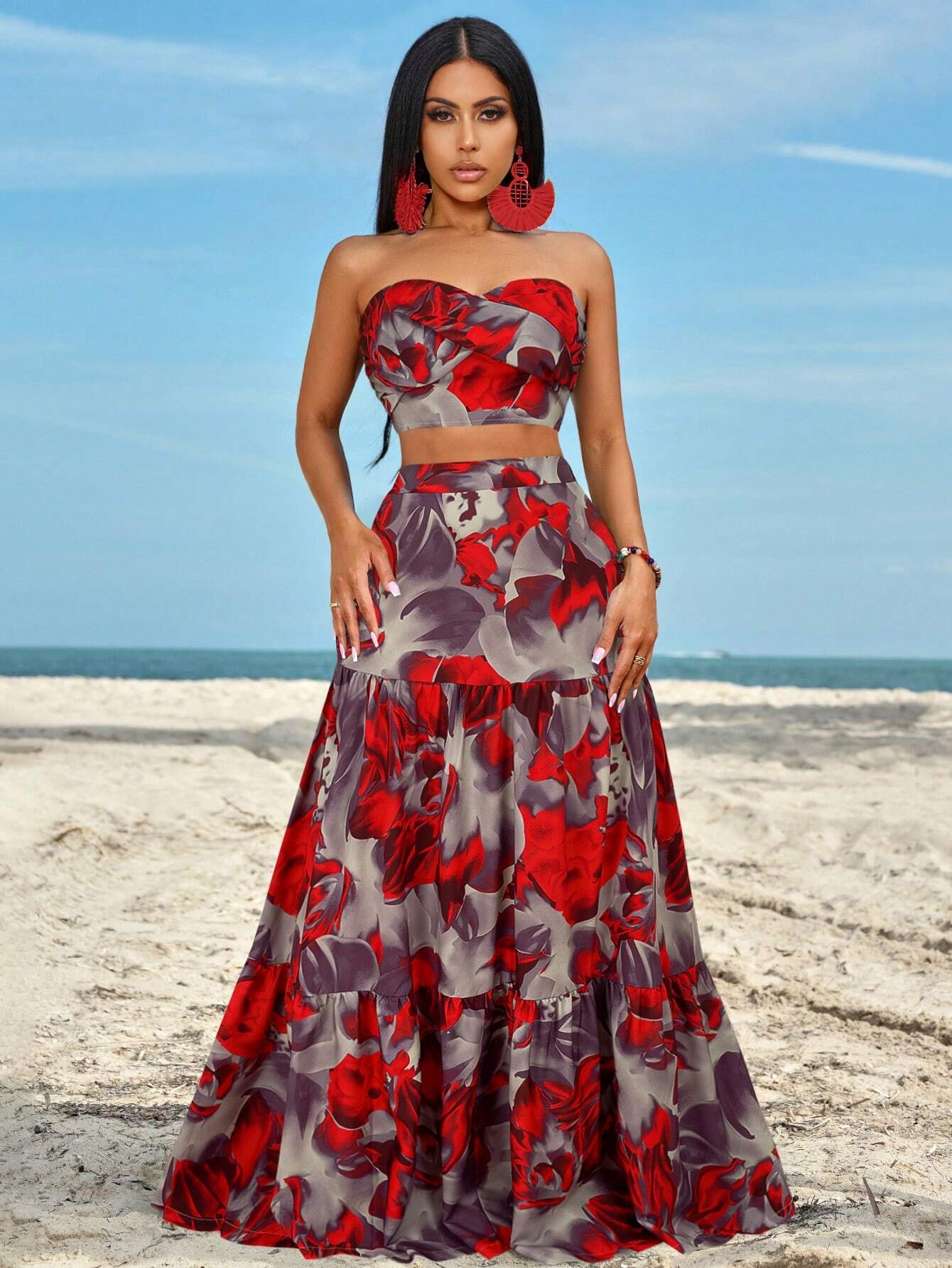 Slayr Ruched Side Twist Bandeau Top And Split Thigh Ruffle Hem Skirt Set shein