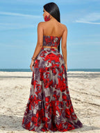 Slayr Ruched Side Twist Bandeau Top And Split Thigh Ruffle Hem Skirt Set shein