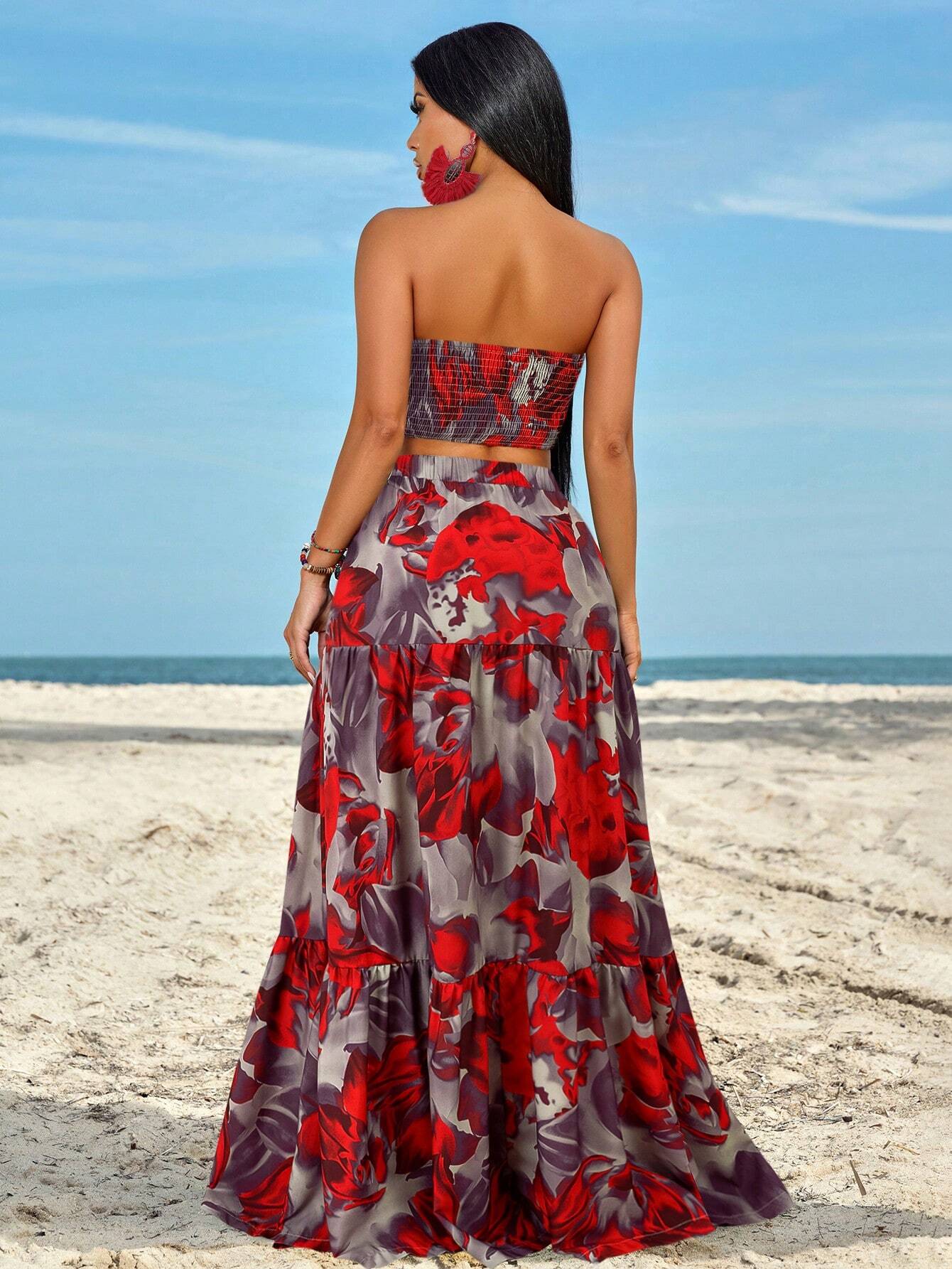 Slayr Ruched Side Twist Bandeau Top And Split Thigh Ruffle Hem Skirt Set shein