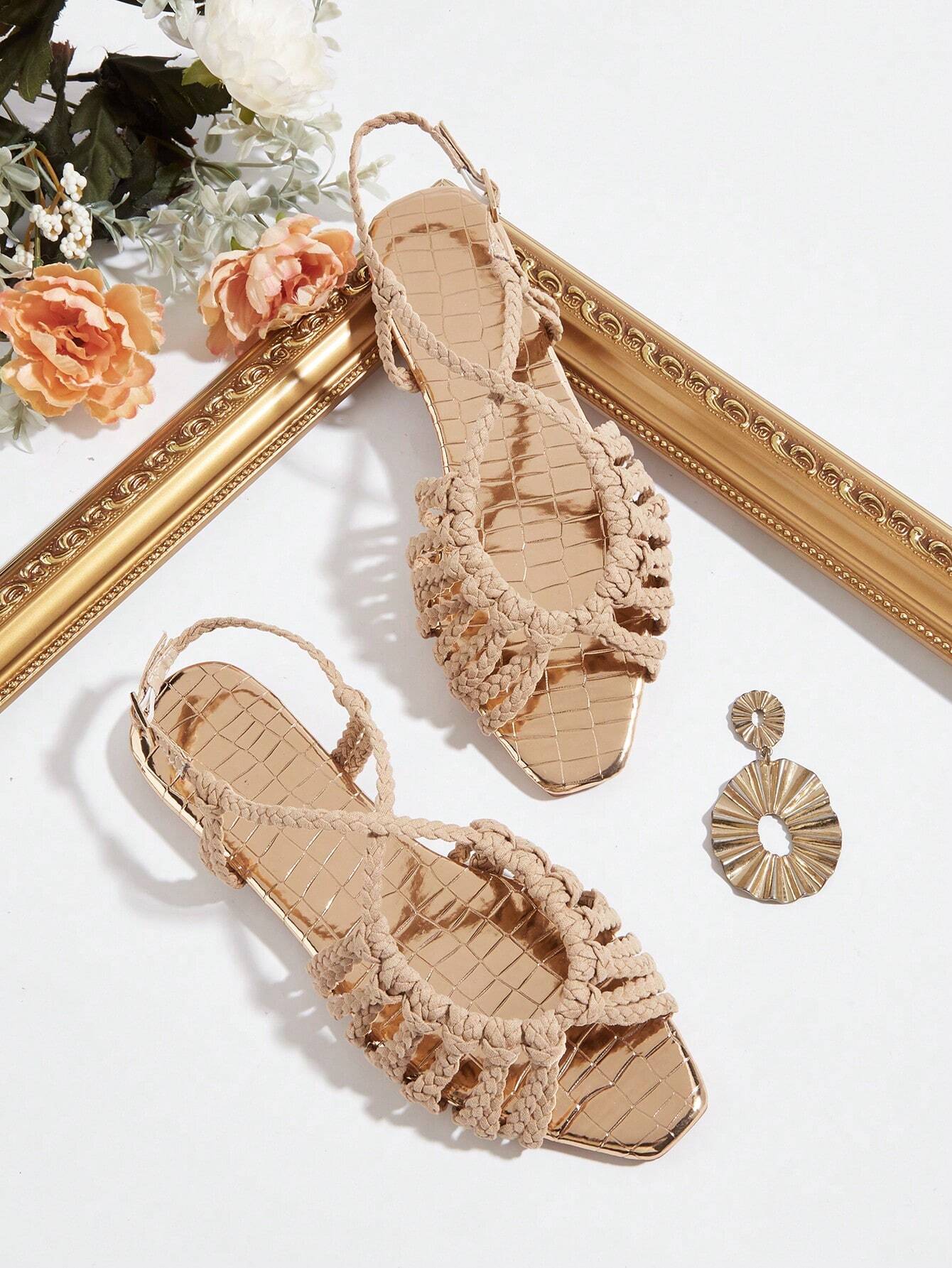 Faux Suede Hand-Woven Twist Flat Sandals shein