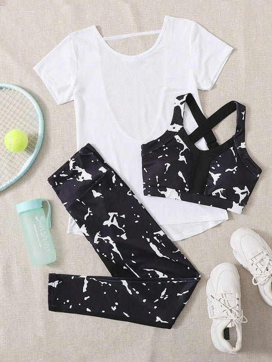 3pcs Graphic Print Sports Set Workout Setwomen Workout Set Women Leggings Set