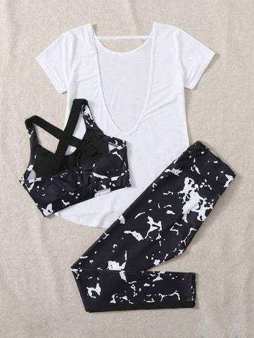 3pcs Graphic Print Sports Set Workout Setwomen Workout Set Women Leggings Set