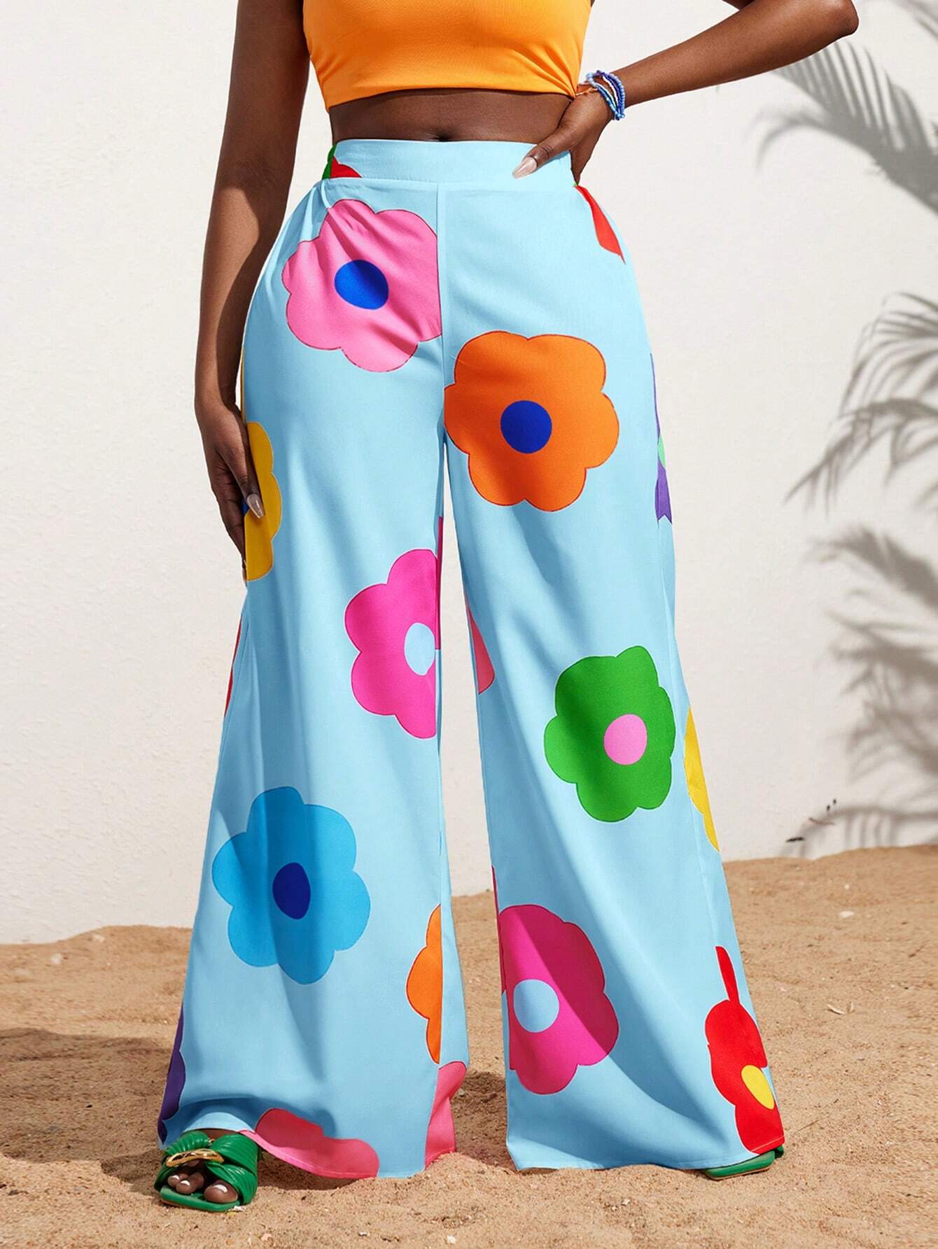 Slayr Summer Casual Vacation Colorful Flower All-Over Printed Wide-Leg Pants