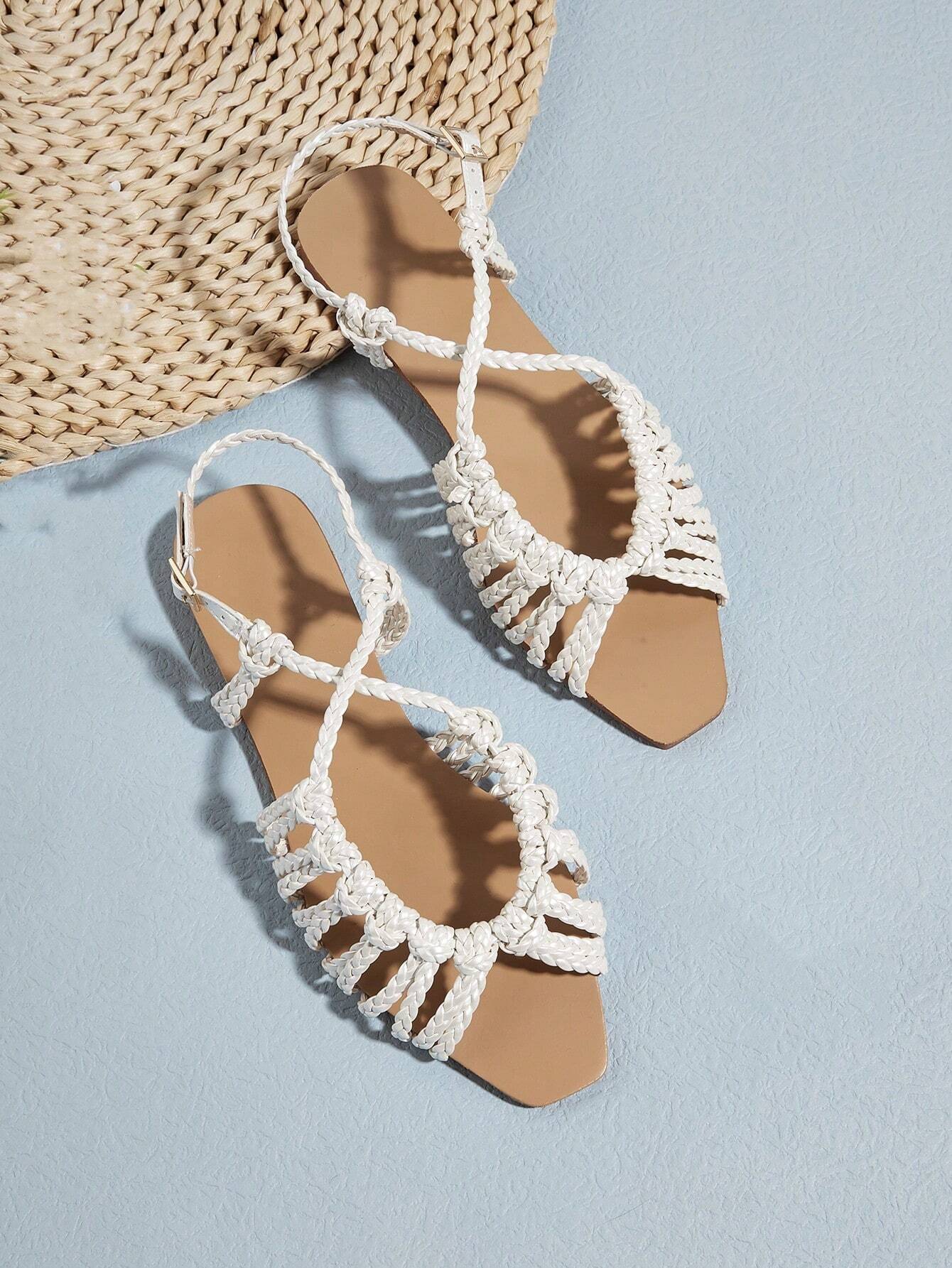 Faux Suede Hand-Woven Twist Flat Sandals shein