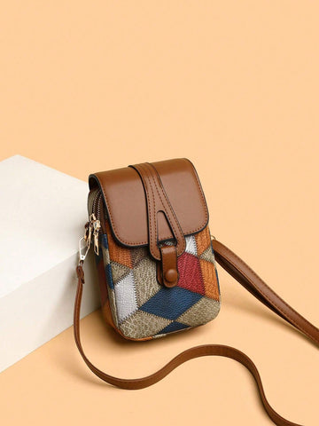 1pc Color Block Rhombus Pattern Fabric Decorated Crossbody Bag With Flap